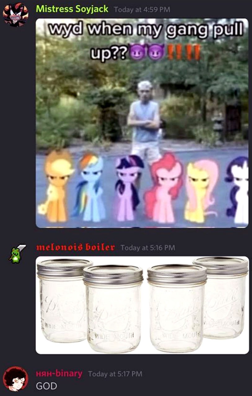 wyd when my gang pull up Мем "Что будешь делать, когда моя банда подтянется?" с пони и банками