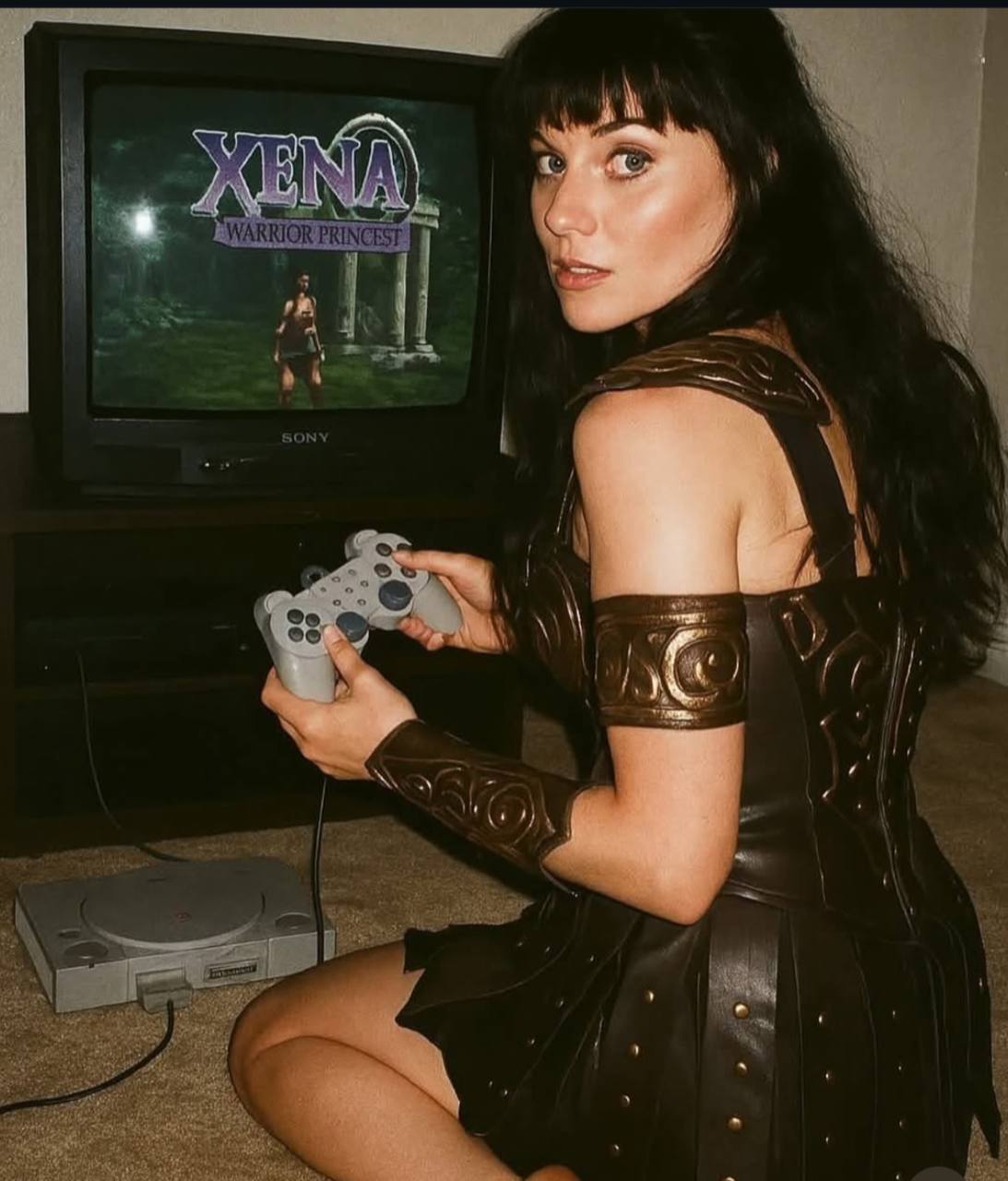 Зена играет в "Зену" Девушка в костюме Зены — королевы воинов играет на PlayStation в "Xena: Warrior Princess" на старом телевизоре.
