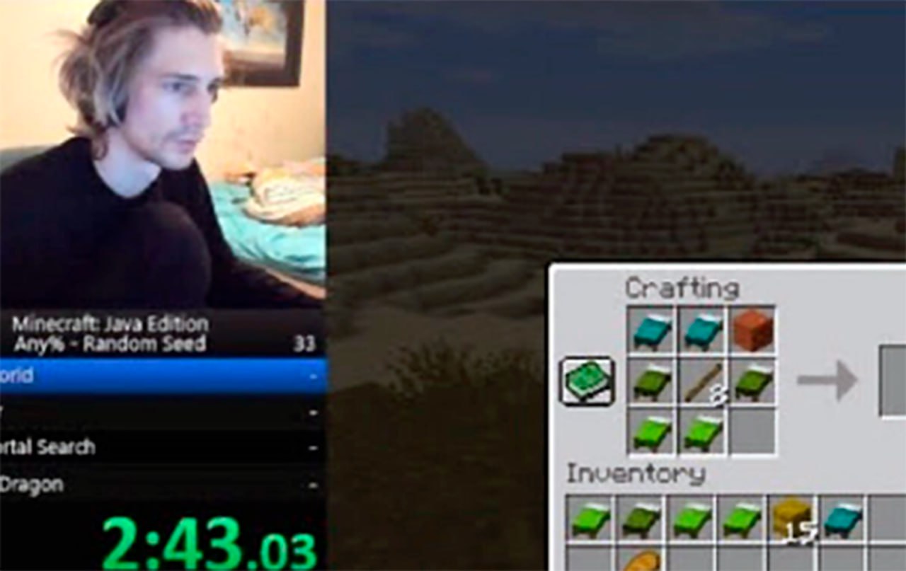 xQc спидран Minecraft с кроватями xQc играет в Minecraft на скорость, окно крафта с кроватями