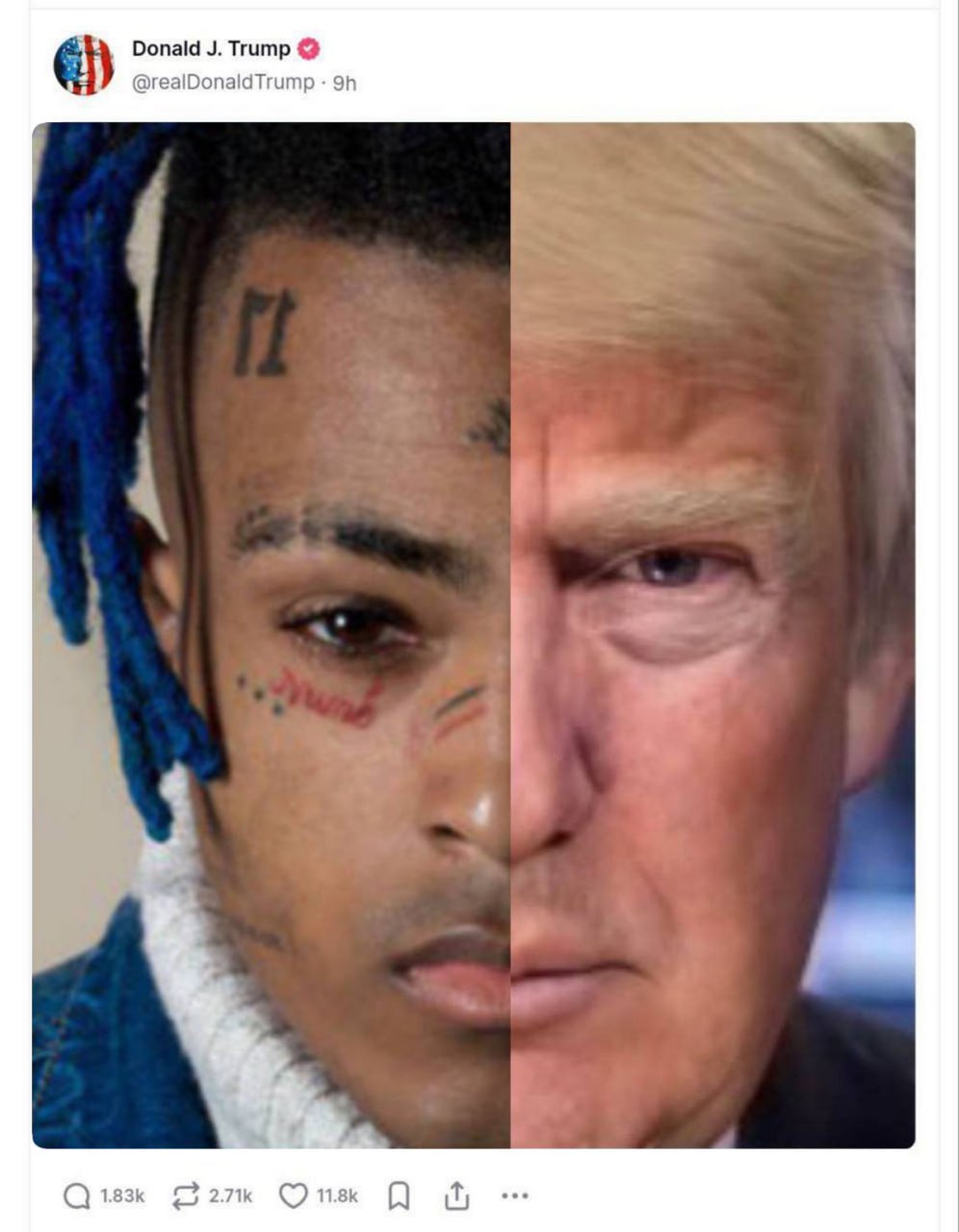 XXXTentacion и Трамп Мем, где лица XXXTentacion и Дональда Трампа объединены пополам