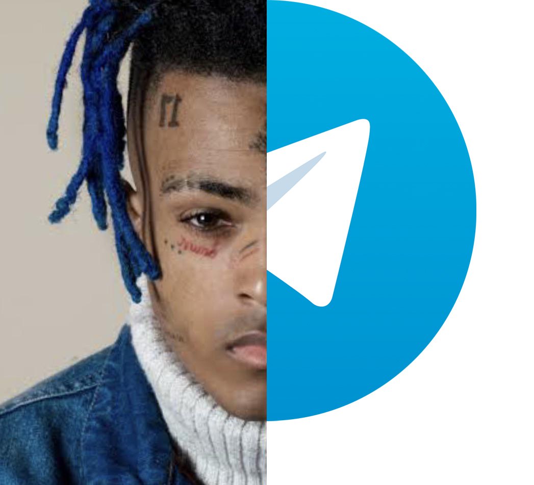 XXXTentacion Telegram Коллаж, где правая половина лица рэпера XXXTentacion плавно переходит в логотип Телеграма, символ "Бумажный самолётик".