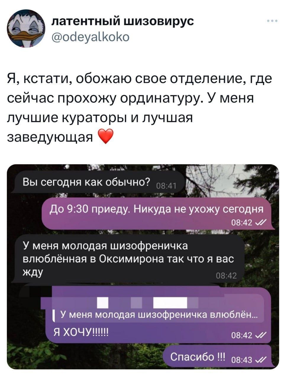 Переписка ординатора с заведующей, которая сообщает, что её молодая шизофреничка, влюблённая в Оксимирона, будет ждать его