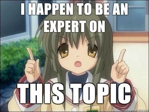 Аниме-девочка с поднятыми пальцами и надписью «I happen to be an expert on this topic»