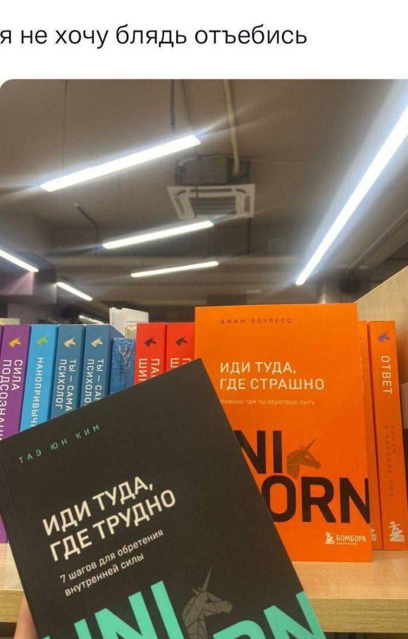 Я не хочу блядь отъебись Мем, где человек держит книгу с названием «Иди туда, где трудно», а на фоне видны книги с названиями «Иди туда, где страшно» и «Ответ», а сверху надпись «Я не хочу блядь отъебись».