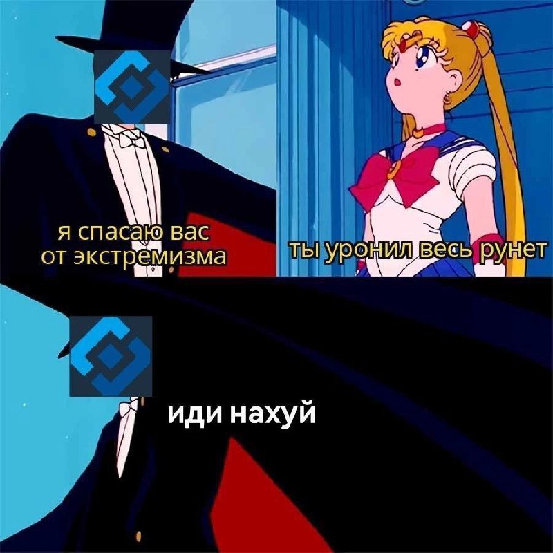 Я спасаю вас от экстремизма ты уронил весь рунет иди нахуй Таинственный человек в шляпе с логотипом Роскомнадзора говорит, что он спасает от экстремизма, а Сейлор Мун отвечает, что он уронил весь рунет, затем человек посылает её нахуй
