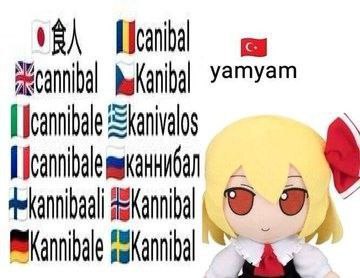 Мем yamyam cannibal Мем про слово «каннибал» на разных языках, включая турецкое «yamyam» и аниме-куклу