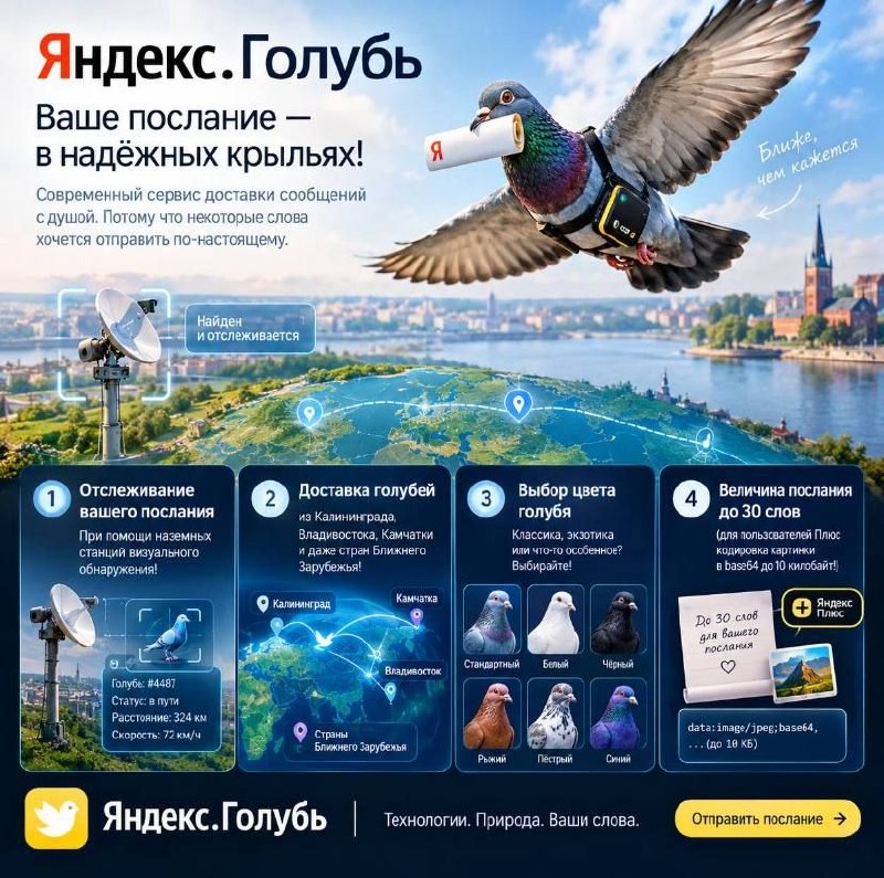 Пародийная реклама «Яндекс. Голубь» — сервис доставки сообщений почтовыми голубями с отслеживанием маршрута и выбором птицы.