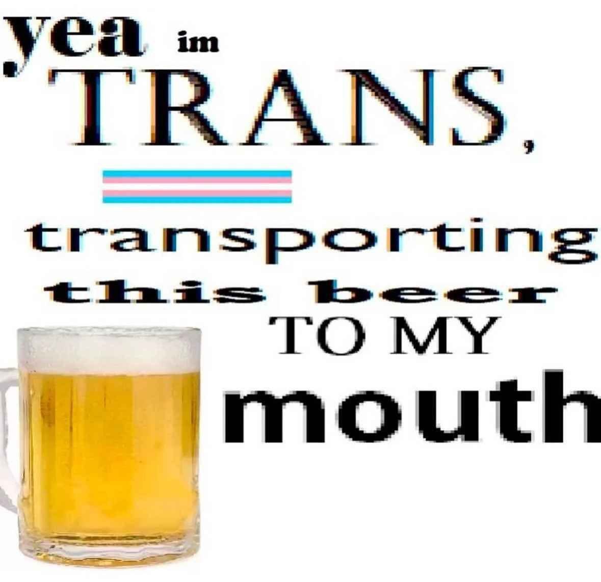 Yea im TRANS, transporting this beer to my mouth Мем с фразой 'Yea im TRANS, transporting this beer TO MY mouth' и кружкой пива на белом фоне.