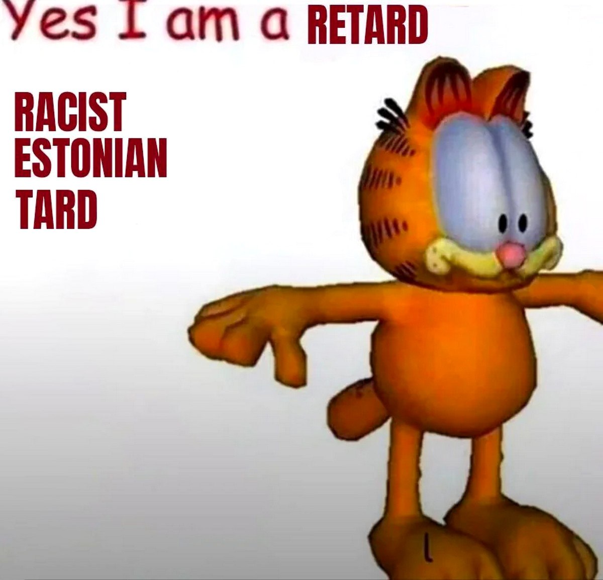 Yes I am a retard racist Estonian tard Мем с 3D-моделью Гарфилда и надписью "Yes I am a retard racist Estonian tard".
