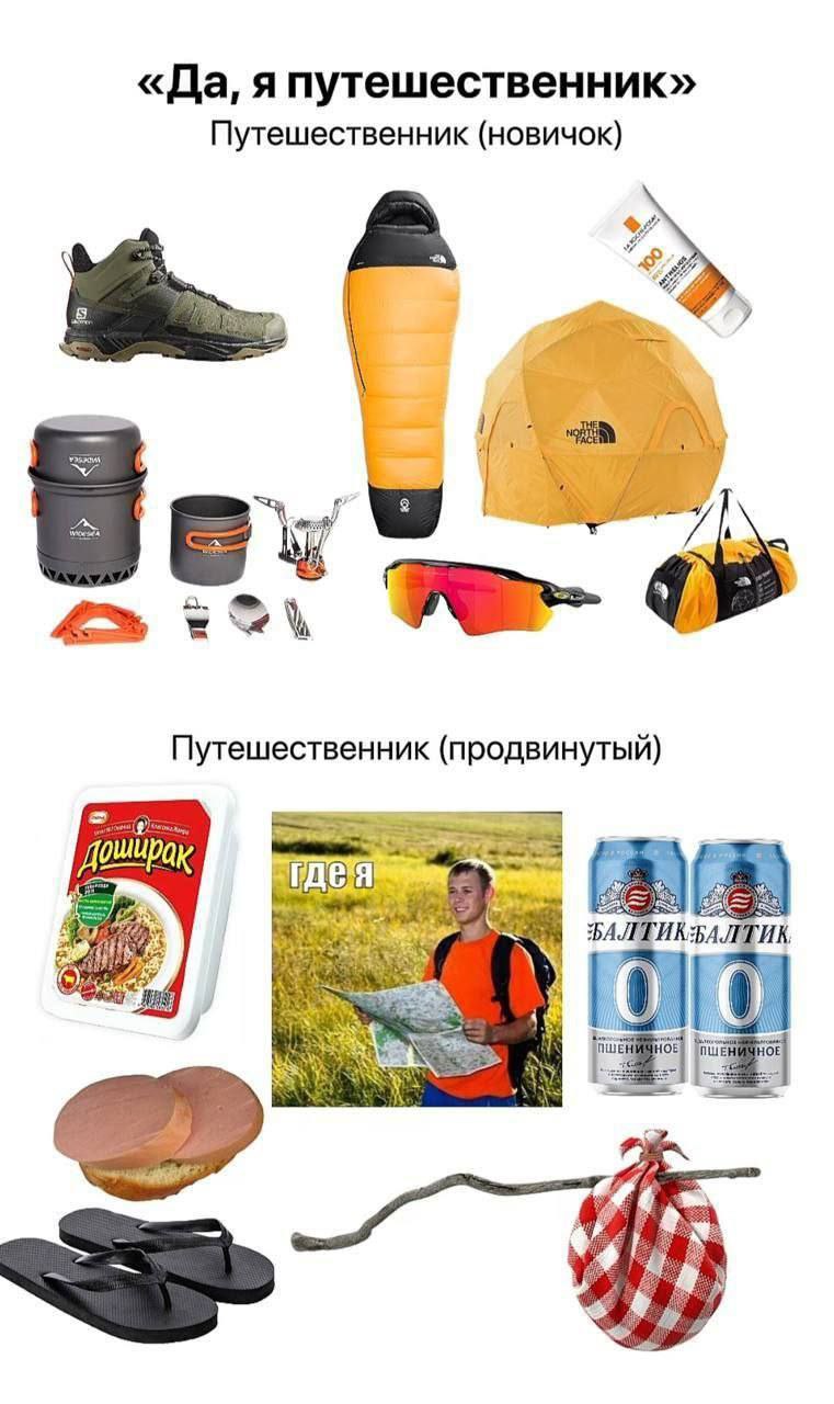 Да, я путешественник Мем, сравнивающий путешественника-новичка с продвинутым путешественником и их снаряжение