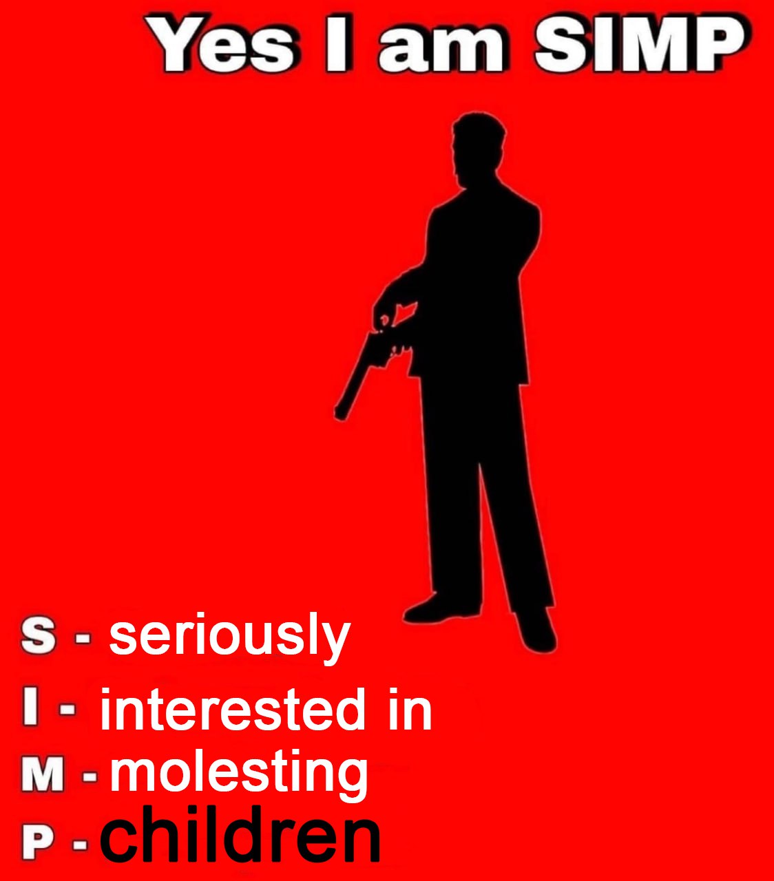Yes I am SIMP Мем с надписью «Yes I am SIMP» и расшифровкой этого слова на красном фоне, где также изображен силуэт мужчины с пистолетом