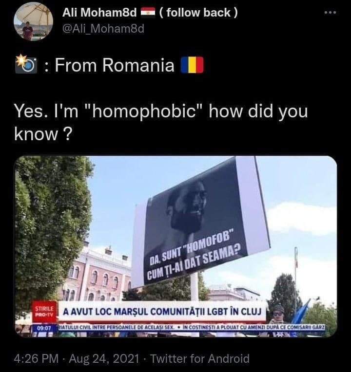 Да, я гомофоб, а как ты узнал? Мем с фразой «Да, я гомофоб, а как ты узнал?» и изображением Гигачада на рекламном щите в Румынии.
