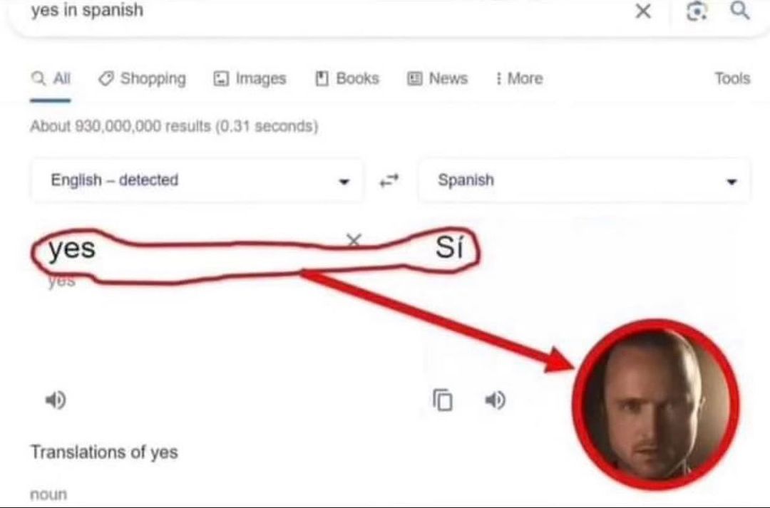 Yes in spanish и Джесси Пинкман Мем с Джесси Пинкманом и переводом "yes" на испанский как "Sí"