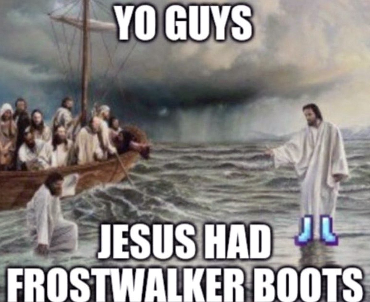 Yo guys Jesus had Frostwalker boots Иисус Христос идет по воде в ботинках Ледоступа из Minecraft, а апостолы плывут в лодке