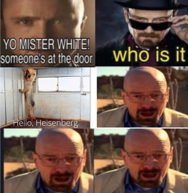 Мем Yo Mister White someone's at the door Мем, где Джесси говорит Мистеру Уайту, что кто-то пришел, а на пороге стоит SCP-173, напугавший Уолтера Уайта.