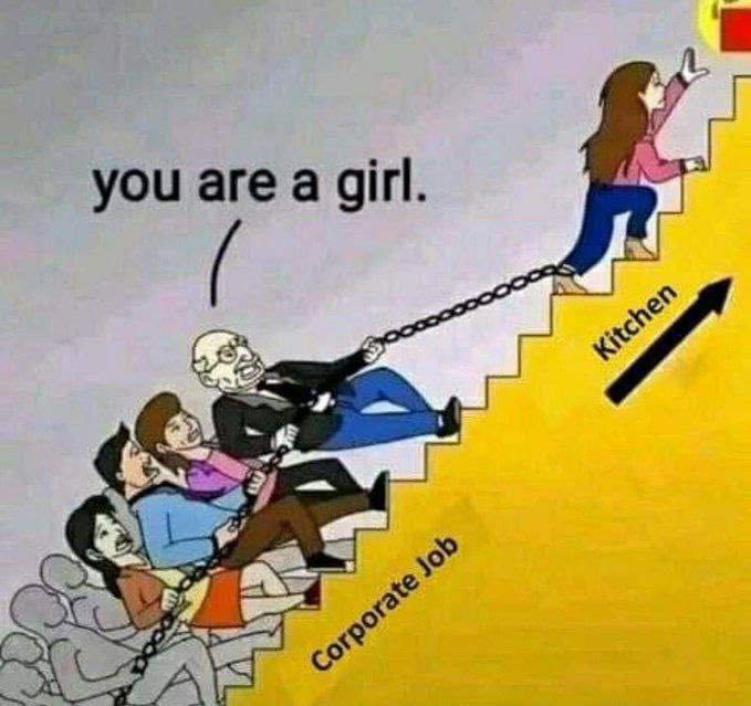 You are a girl Мем с девушкой, которую тянут по ступеням цепями из-за того, что она девушка, не давая ей подняться в корпоративной работе, а заставляя идти на кухню.