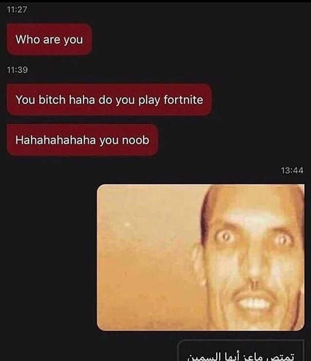 You bitch haha do you play fortnite Переписка в чате, где один из собеседников просит другого сыграть в fortnite, а затем называет его нубом и отправляет странную фотографию с искаженным лицом.