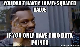 You can't have a low R-squared value Мужчина, показывающий себе на висок и надпись «YOU CAN'T HAVE A LOW R-SQUARED VALUE IF YOU ONLY HAVE TWO DATA POINTS».