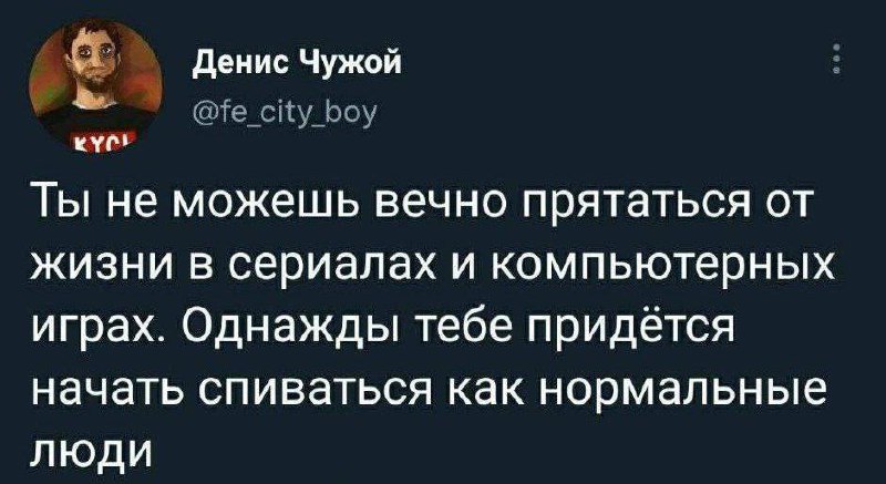 Ты не можешь вечно прятаться от жизни Мем с фразой «Ты не можешь вечно прятаться от жизни в сериалах и компьютерных играх. Однажды тебе придётся начать спиваться как нормальные люди»