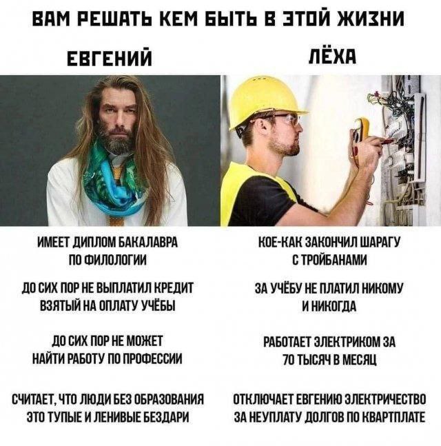 Вам решать кем быть в этой жизни Евгений или Леха Мем "Вам решать кем быть в этой жизни" сравнивает Евгения, бакалавра филологии с долгами и без работы, и Леху, электрика, который отключает Евгению электричество за неуплату.