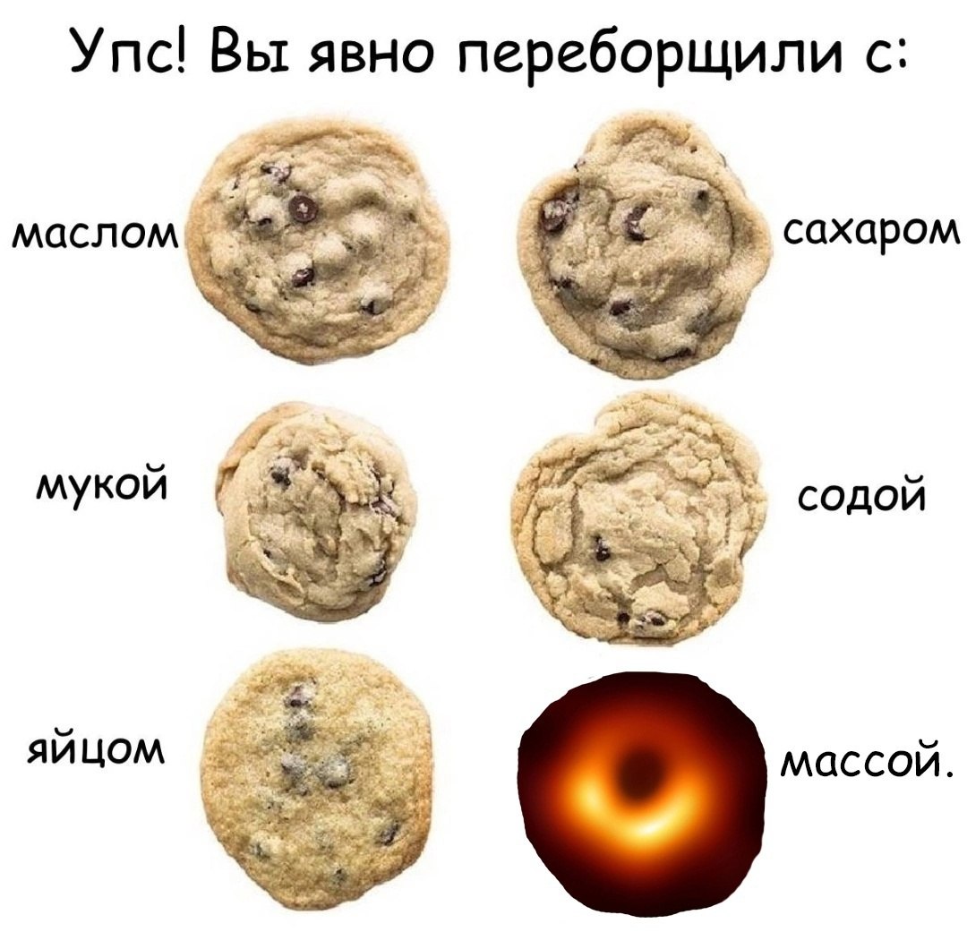 Упс! Вы явно переборщили с массой Мем "Упс! Вы явно переборщили с массой" с изображением печенья, испорченного разными ингредиентами, и чёрной дыры.