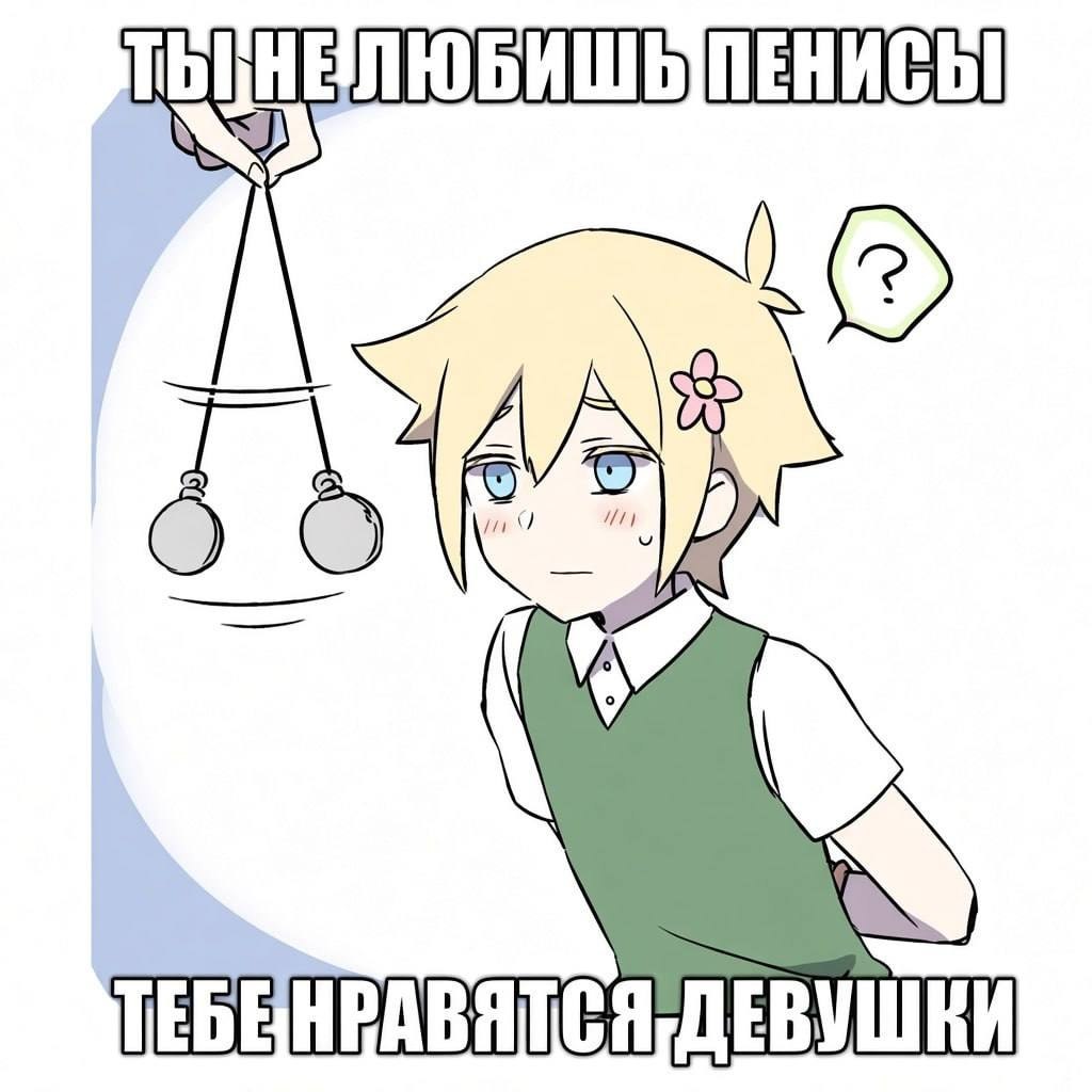 Растерянный аниме-персонаж читает надпись «Ты не любишь пенисы? Тебе нравятся девушки» и не понимает, что происходит.