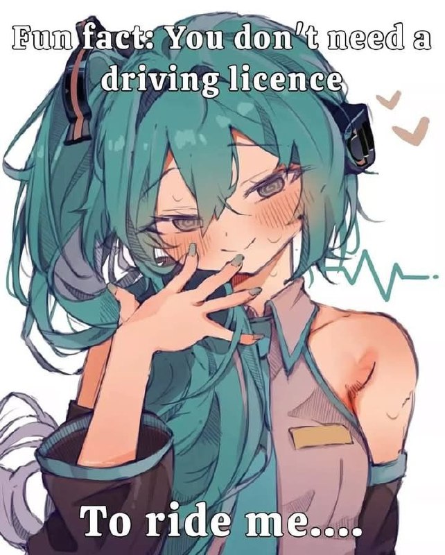 Аниме-девушка с кокетливой позой и надписью: «Fun fact: You don't need a driving licence to ride me....»