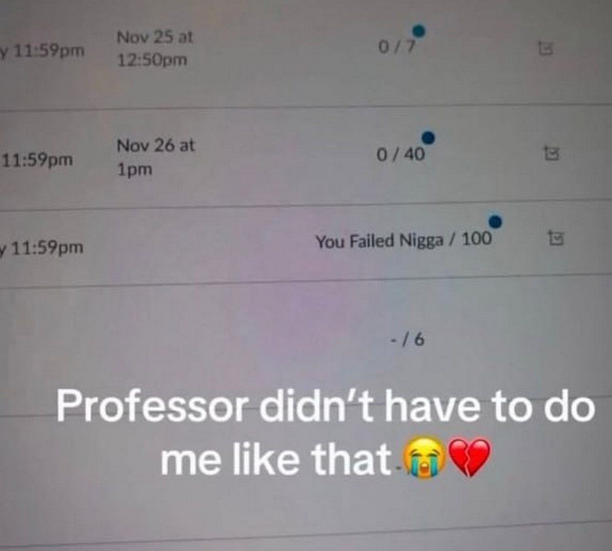 You Failed Nigga / 100 Скриншот с оценкой "You Failed Nigga / 100" и надписью "Professor didn't have to do me like that"