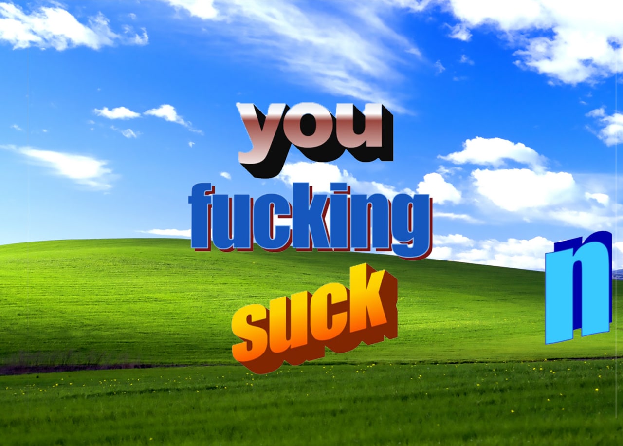 You fucking suck на фоне Windows XP Мем с надписью «You fucking suck» на фоне рабочего стола Windows XP.