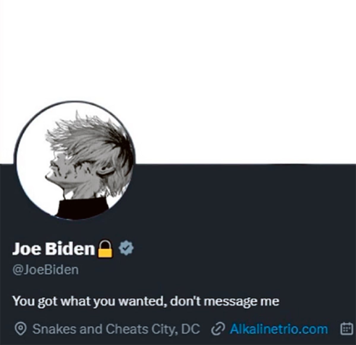 You got what you wanted, don't message me Biden Мем с профилем Джо Байдена в Твиттере с фразой You got what you wanted, don't message me