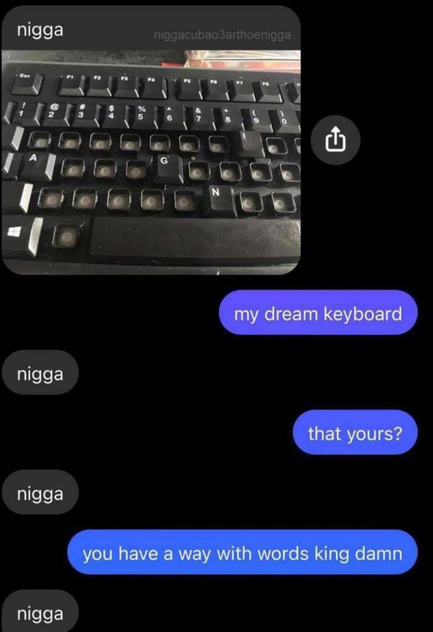 You have a way with words king damn meme Мем с перепиской, где человек отправляет изображение клавиатуры без большинства клавиш, а второй собеседник отвечает "ты умеешь выражаться, король, черт возьми", после каждого сообщения первого. Клавиатура без большинства клавиш, на ней остались только Esc, F1-F12, цифры 1-0, QWERTY-ряд (без T, Y, U, I, O, P), ASDF-ряд (без S, D, F), ZXCV-ряд (без C, V, B, M), а также несколько других клавиш. Остались только клавиши: Esc, F1, F2, F3, F4, F5, F6, F7, F8, F9, F10, F11, F12. В основном ряду остались цифры 1, 2, 3, 4, 5, 6, 7, 8, 9, 0. В ряду QWERTY остались Q, W, E, R, G, N. В ряду ASDF осталась A. В ряду ZXCV остались Z, X. Также остались Tab, Caps Lock, Shift и Ctrl, а также пробел.