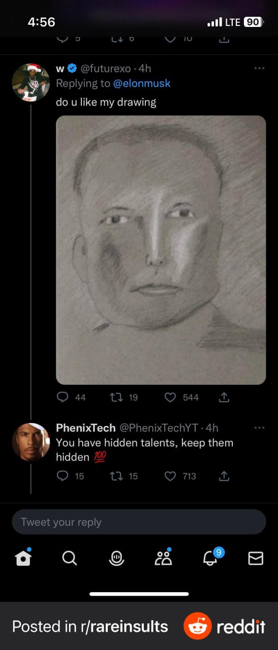 У тебя скрытые таланты, продолжай скрывать их Скриншот Twitter-переписки, в которой пользователю, нарисовавшему Элона Маска, советуют скрывать свои таланты