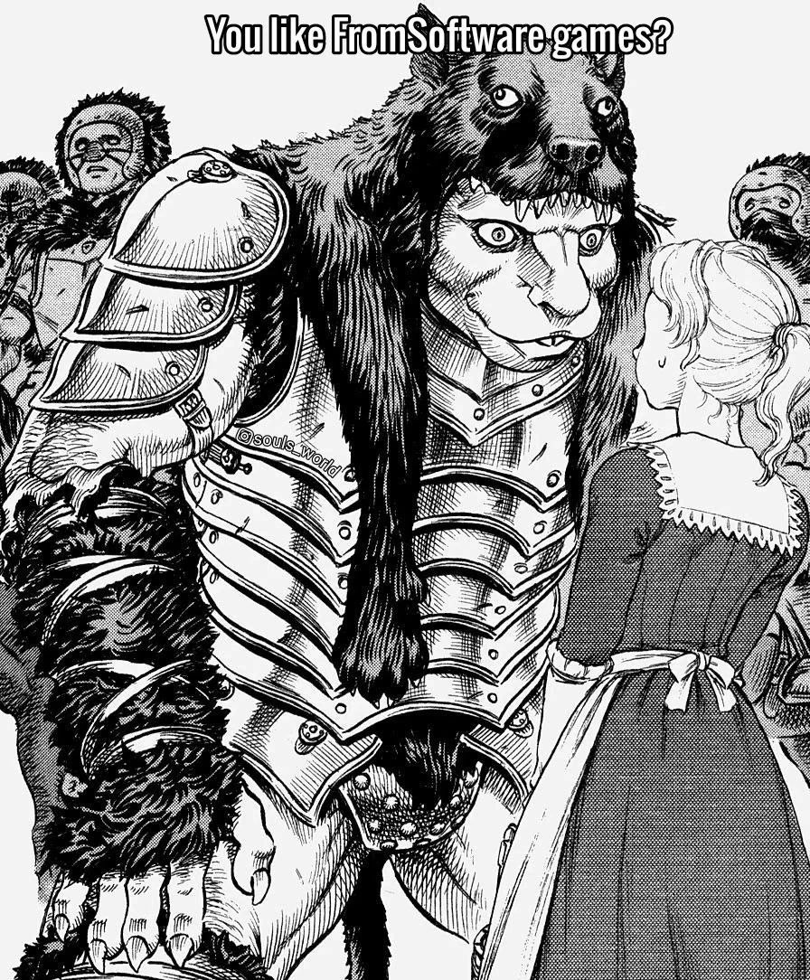 You like FromSoftware games? Мужчина в доспехах из шкуры волка и девушка. Кадр из манги «Берсерк» с надписью «You like FromSoftware games?»