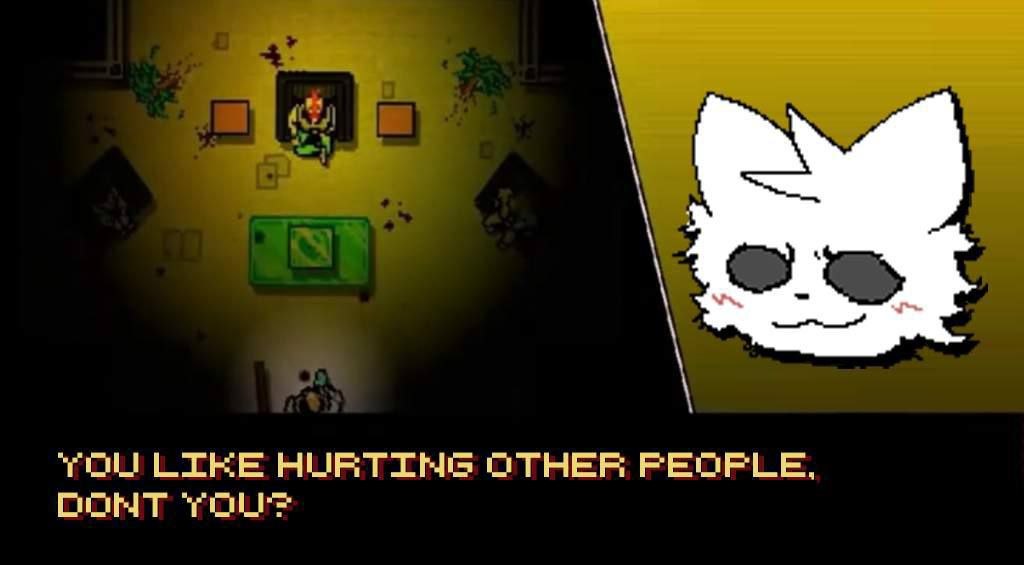 Пиксельный кадр из игры в стиле Undertale с белой мордочкой справа и фразой «You like hurting other people, don't you?» внизу