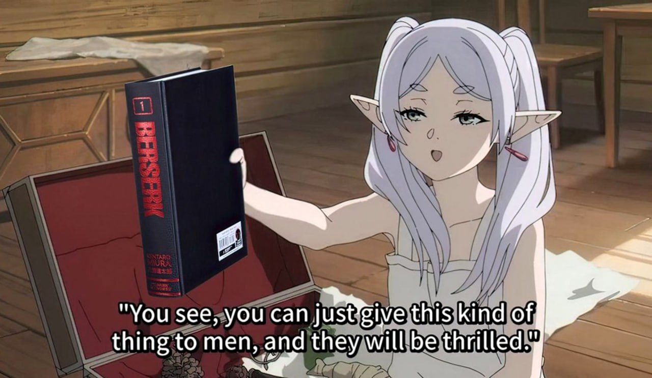 You see, you can just give this kind of thing to men, and they will be thrilled Девушка-эльф с книгой Berserk