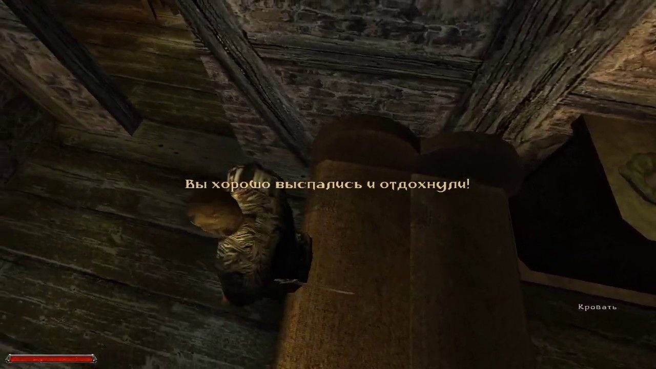Персонаж лежит на кровати, а игра сообщает: «Вы хорошо выспались и отдохнули!»
