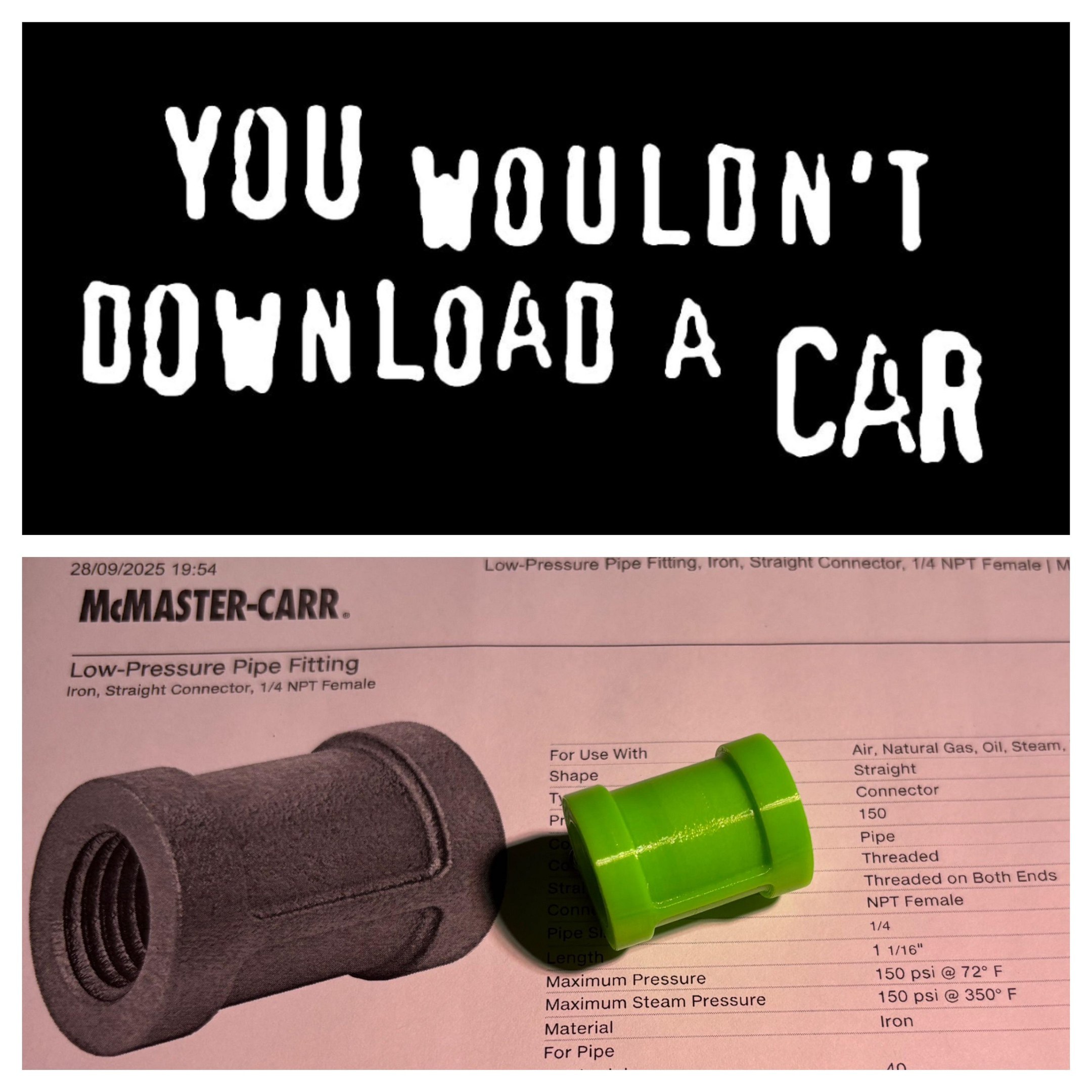 You wouldn't download a car Мем "You wouldn't download a car" с 3D-печатной деталью