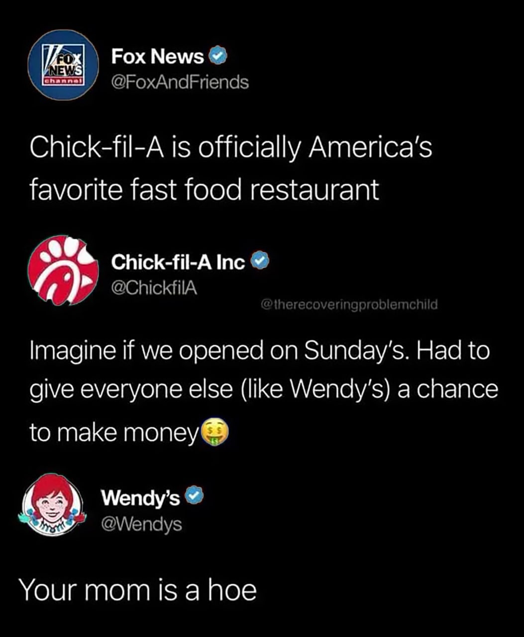 Твоя мама шлюха Мем с перепиской известных фастфуд-сетей, где Chick-fil-A хвастается своим успехом, а Wendy's огрызается в ответ фразой «Your mom is a hoe».