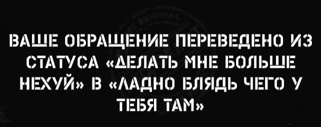 Ваше обращение переведено из статуса Мем, текст которого гласит: «Ваше обращение переведено из статуса «делать мне больше нехуй» в «ладно блядь чего у тебя там»