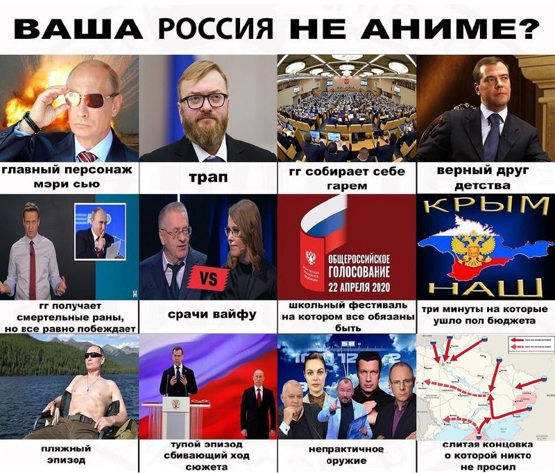 Сатирический коллаж «Ваша Россия не аниме?» с политиками и ироничными подписями в стиле описания аниме-сюжета.