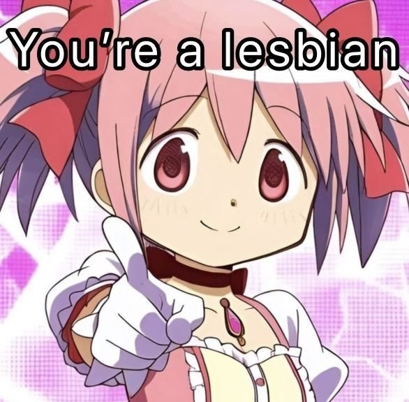 Мадока Канамэ указывает на зрителя с надписью «You’re a lesbian» — «Ты лесбиянка».