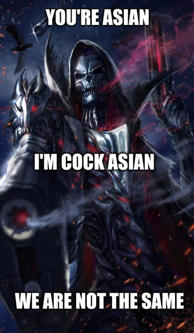 You're asian, I'm cock asian Мем со Смертью в доспехах и текстом «You're asian, I'm cock asian, we are not the same».