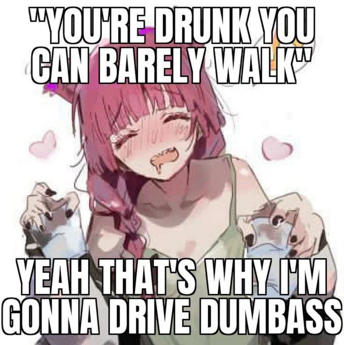 Аниме-девушка с напитками и подписью: «You’re drunk you can barely walk» — «Yeah that’s why I’m gonna drive dumbass».