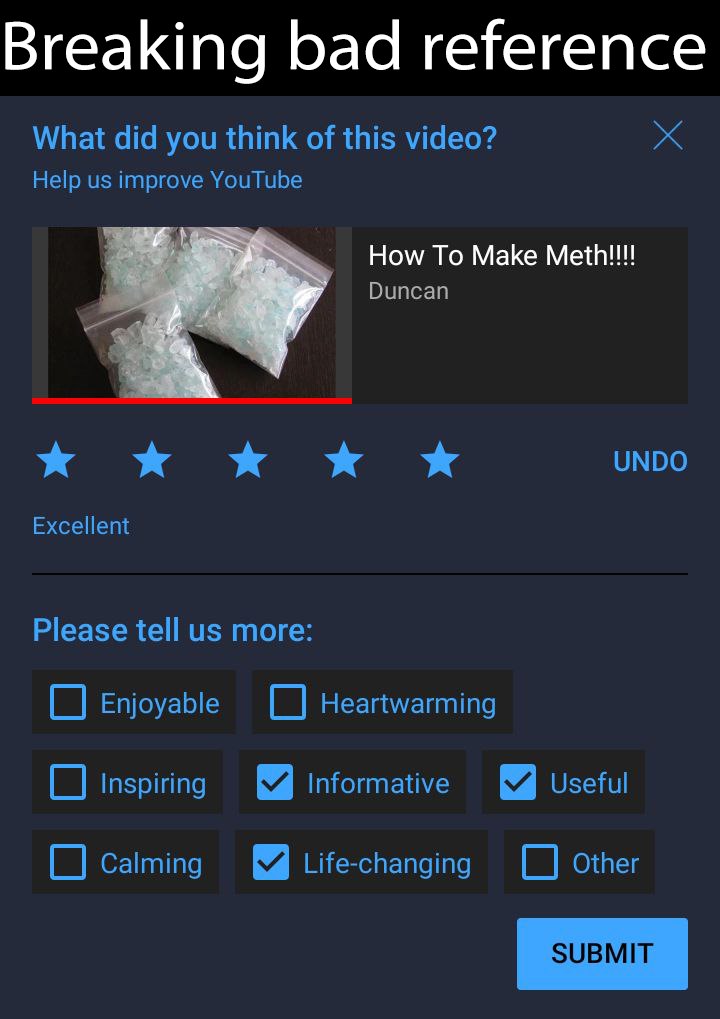 Оценка видео «Как сделать метамфетамин» на YouTube Скриншот экрана YouTube с опросом об отзывах к видео под названием «Как сделать метамфетамин!!!!», оцененному на пять звезд и помеченному как «полезное», «информативное» и «изменяющее жизнь».