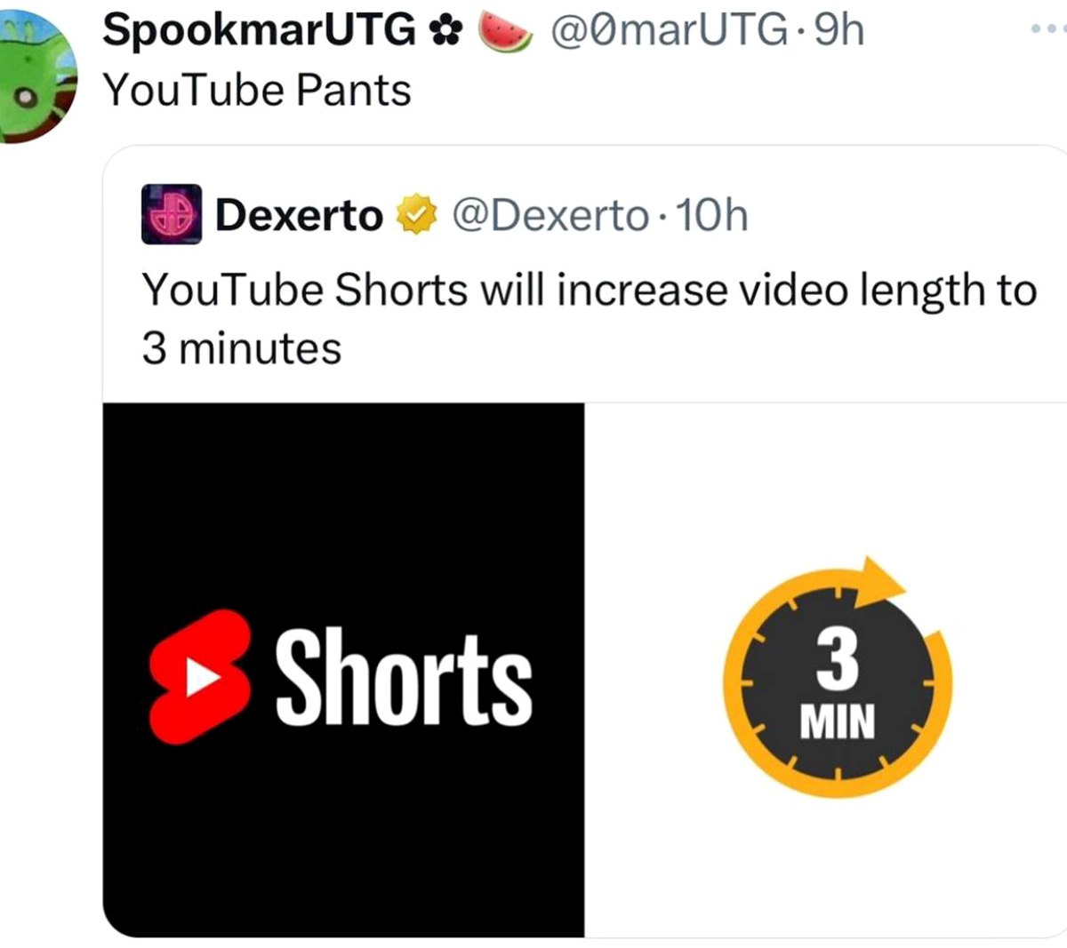YouTube Pants Мем про увеличение длины видео в YouTube Shorts до 3 минут и комментарий "YouTube Pants"