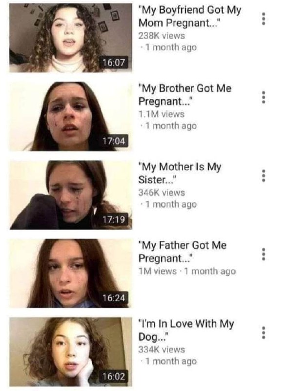Шокирующие заголовки на YouTube Девушка на скриншоте видео с шокирующими заголовками с YouTube, такими как "Мой парень сделал мою маму беременной" и "Я влюблена в свою собаку".