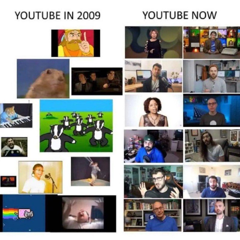 Ютуб раньше и сейчас Мем, сравнивающий YouTube в 2009 году и сейчас