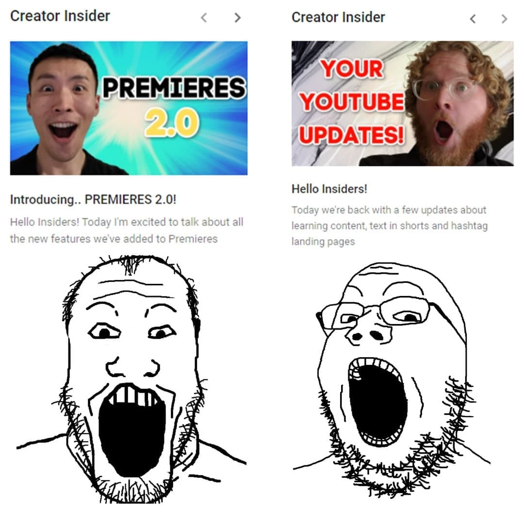 Мем с ютуберами и вояк-лицами Два блогера из "Creator Insider" с широко раскрытыми ртами и два вояка-лица внизу, имитирующие их выражения