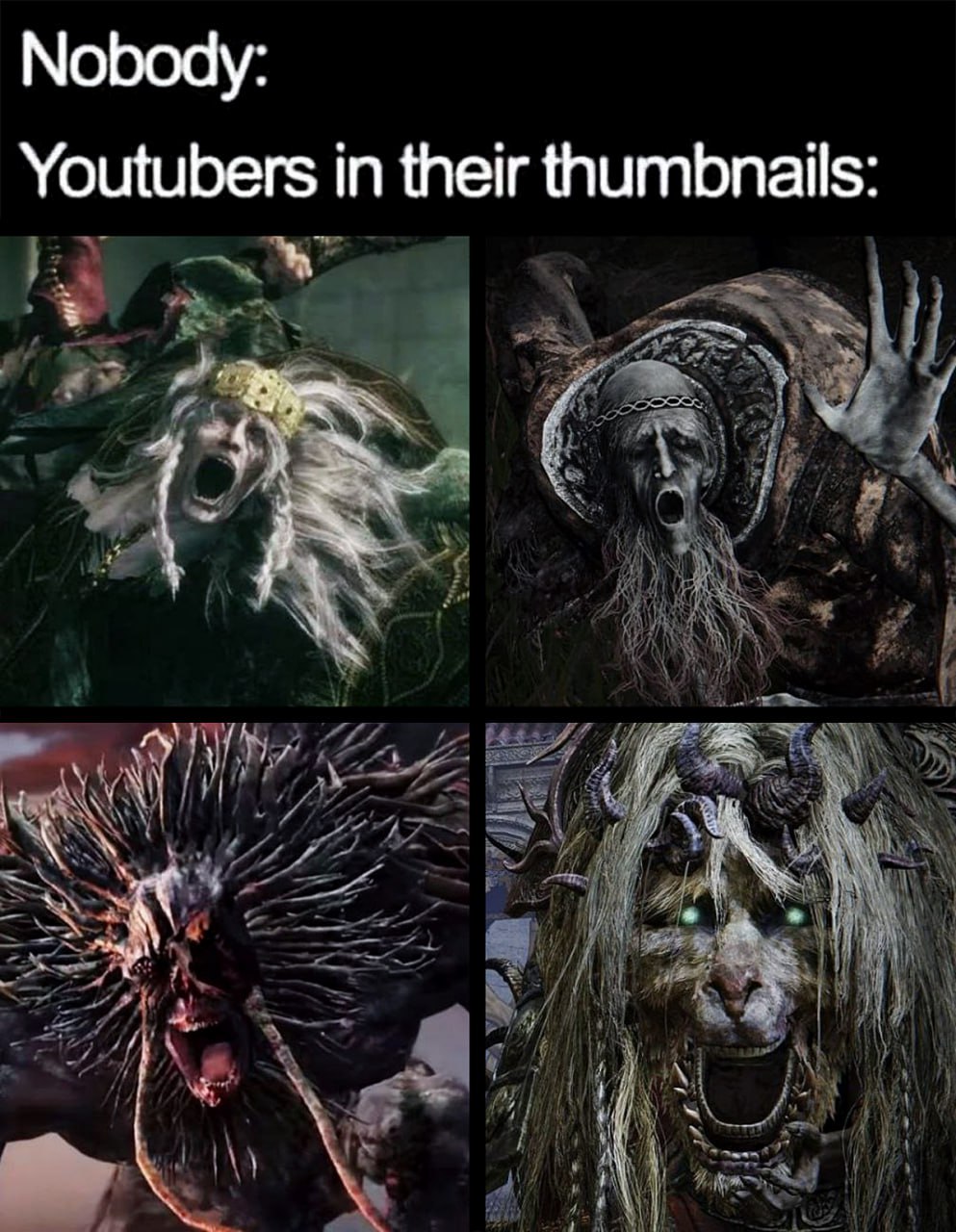 Nobody: Youtubers in their thumbnails Мем с надписью «Nobody: Youtubers in their thumbnails:» и четырьмя монстрами, кричащими с широко открытыми ртами на своих иконках