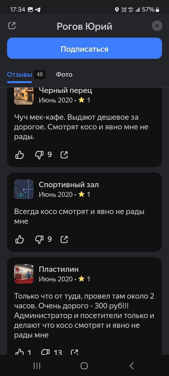 Юрий Рогов и косые взгляды Скриншот ленты отзывов пользователя Юрия Рогова о разных местах, где ему не рады